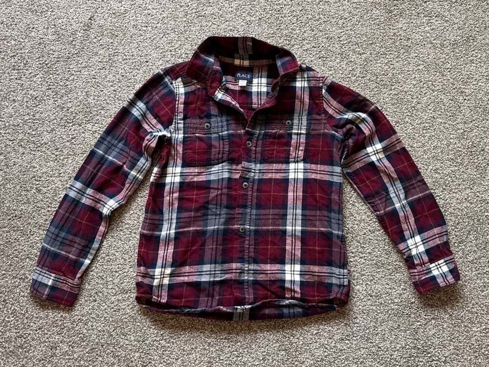 The Children's Place Boys Maroon and Navy Plaid Flannel Button-Down Shirt, Size